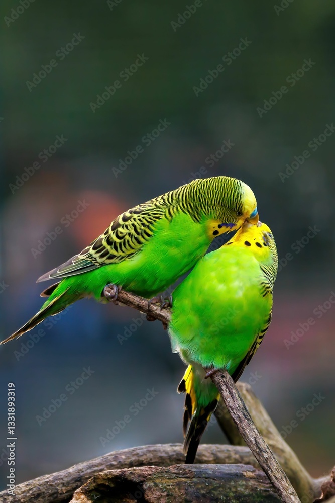 Fototapeta premium Two vibrant green budgerigars on a branch.