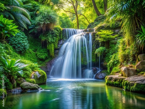 Serene Waterfall: Lush Greenery, Tranquil Pool, Nature Photography