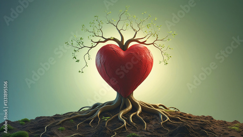 Heart with Roots Growing Out of It, Transforming Into a Tree, Symbolizing Emotional Growth and Healing