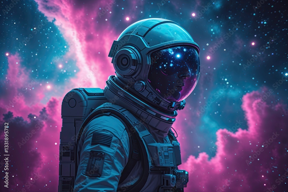 Cosmic Explorer Journeying Through Vibrant Cyan and Magenta Nebula with Space-Time Reflections in His Helmet Cosmic Explorer Journeying Through Vibrant Cyan and Magenta Nebula with Space-Time Reflections in His Helmet