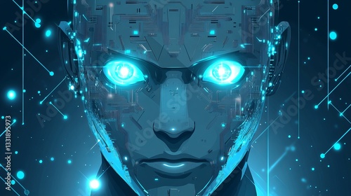 Pixel Art Cyborg Face Glowing Cyan Eyes Dark Blue Background