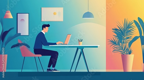 Pixel Art Man Working on Laptop in Minimalist Teal and Orange Office