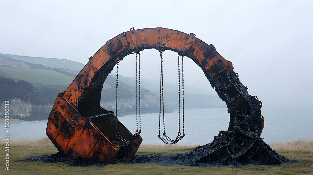 Fototapeta premium Rusty, weathered metal sculpture, resembling a swing set, overlooking a calm body of water