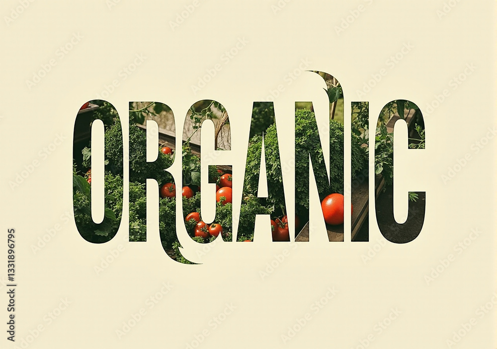 Naklejka premium A visually appealing design featuring the word 'ORGANIC' cut out to reveal vibrant images of fresh tomatoes and herbs, symbolizing health and sustainable produce.