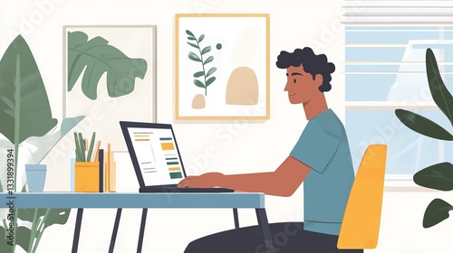 Smiling Man Working on Laptop in Bright Home Office with Plants