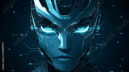 Stylized Cyborg Female Portrait Teal and Cyan Digital Art