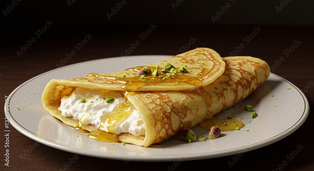 Delicious crepe with honey cream and pistachios sweet treat food cafe tasty brown white green plate Delicious crepe with honey cream and pistachios sweet treat food cafe tasty brown white green plate