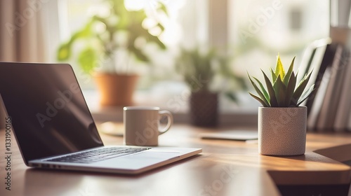 Sunlit Home Office Workspace with Laptop and Plants