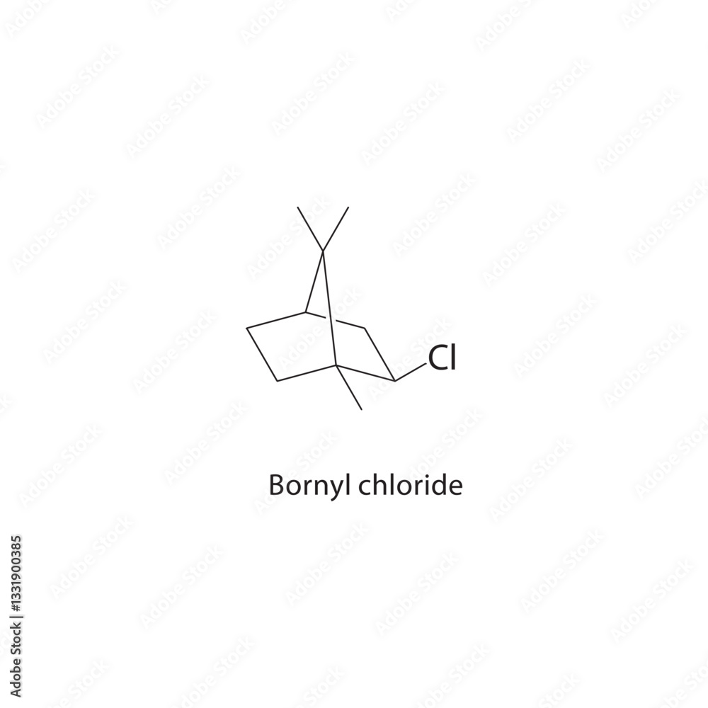 Bornyl chloride skeletal structure. Terpenoid compound schematic illustration. Simple diagram, chemical formula. Bornyl chloride skeletal structure. Terpenoid compound schematic illustration. Simple diagram, chemical formula.