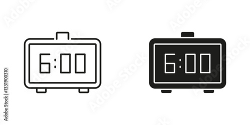 Digital Alarm Clock Showing 6:00 Line and Silhouette Icon Set. Morning Wake Up Time Display Symbol. Editable Stroke. Isolated Vector Illustration