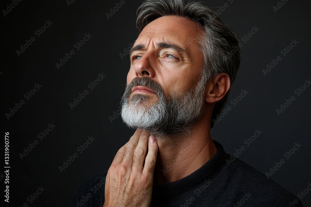 Obraz premium a portrait of a middle-aged man touching his neck with a concerned expression.