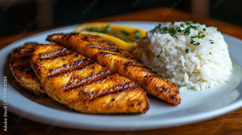 Grilled Fish with Rice for Lemon, Restaurant Setting. Grilled Fish with Rice for Lemon, Restaurant Setting.