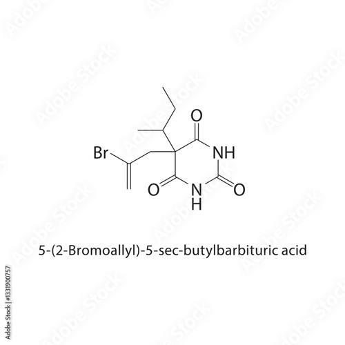 5-(2-Bromoallyl)-5-secbutylbarbituric acid skeletal structure. Barbiturate compound schematic illustration. Simple diagram, chemical formula.