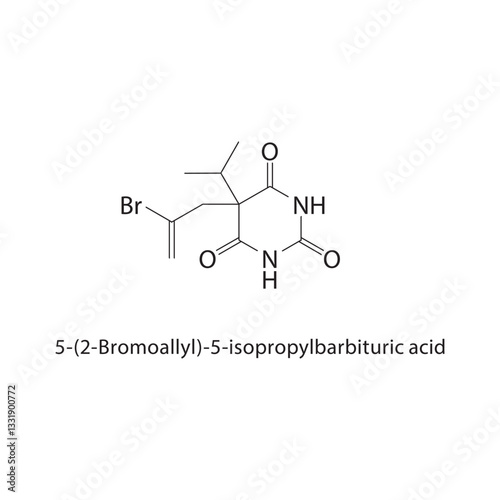 5-(2-Bromoallyl)-5-isopropylbarbituric acid skeletal structure. Barbiturate compound schematic illustration. Simple diagram, chemical formula.