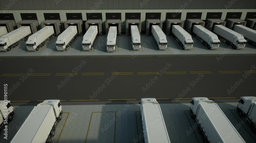 Trucks With Cargo Trailer At Loading Docks Of A Warehouse Or Logistic Center. Realistic 3D Animation Rendering Trucks With Cargo Trailer At Loading Docks Of A Warehouse Or Logistic Center. Realistic 3D Animation Rendering