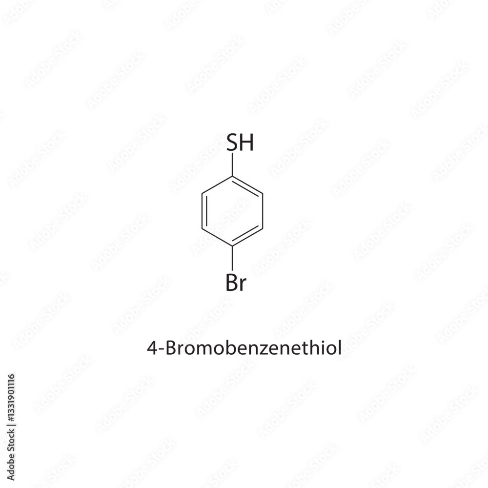 4-Bromobenzenethiol skeletal structure. Brominated Thiophenol compound schematic illustration. Simple diagram, chemical formula. 4-Bromobenzenethiol skeletal structure. Brominated Thiophenol compound schematic illustration. Simple diagram, chemical formula.