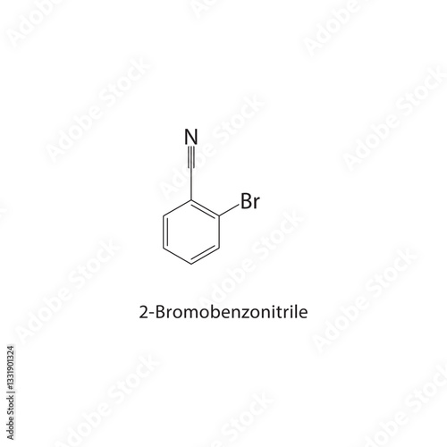2-Bromobenzonitrile skeletal structure. Brominated Nitrile compound schematic illustration. Simple diagram, chemical formula.