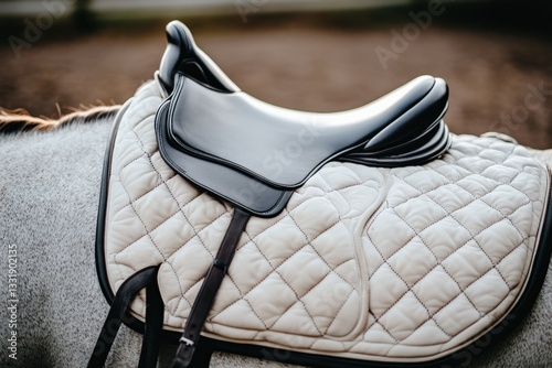 Detailed view of horse saddle pad and girth during outdoor riding session Generative AI