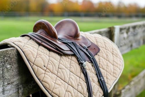 Detailed view of saddle pad and girth resting on wooden fence rail Generative AI