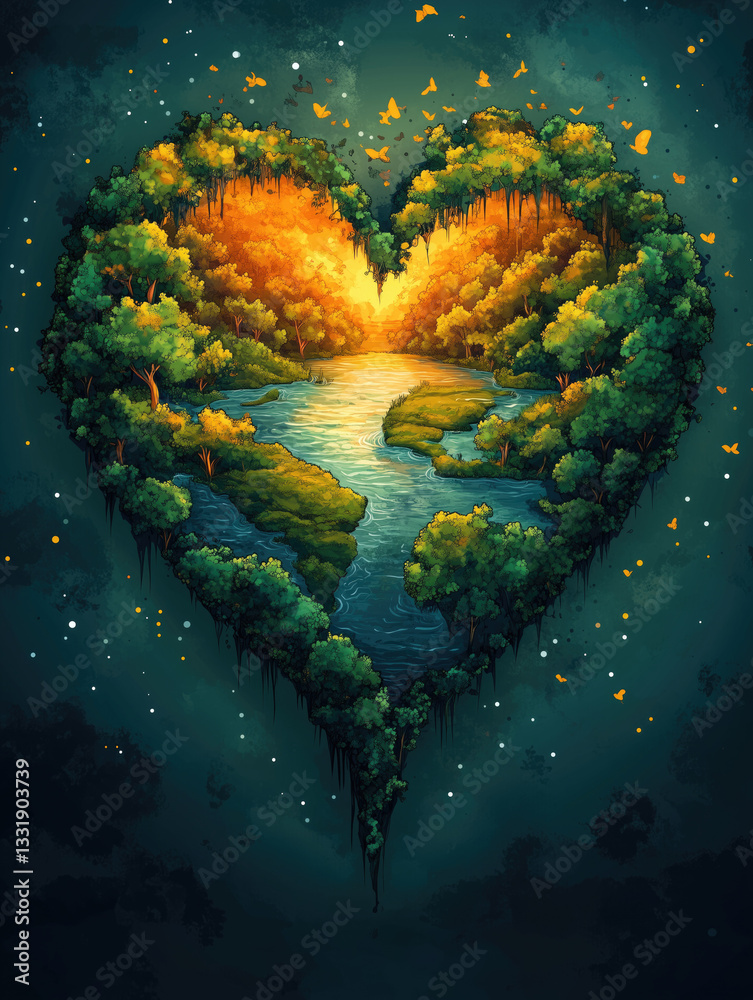 Heart-shaped landscape filled with colorful trees and vibrant foliage in a serene setting