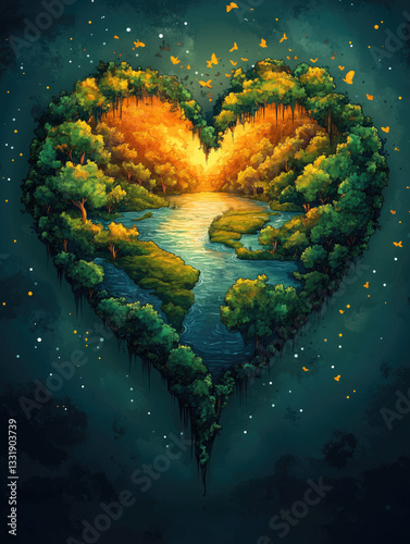 Obraz na płótnie Heart-shaped landscape filled with colorful trees and vibrant foliage in a serene setting w salonie