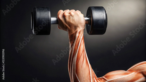 Detailed Close-Up of Muscular Arm Lifting Dumbbell in Fitness Environment