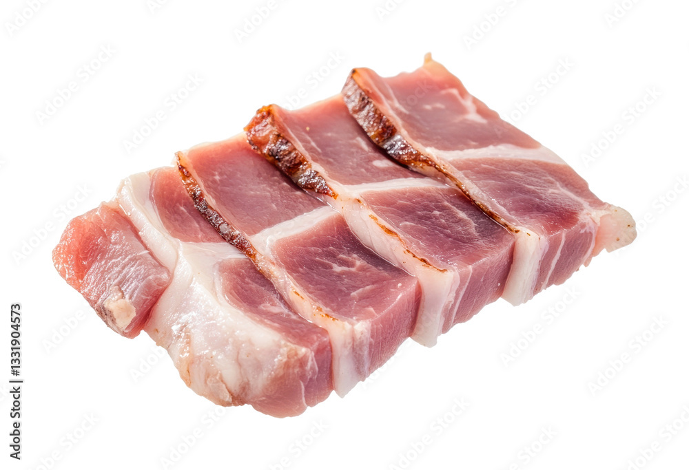 Close-up of sliced raw bacon with marbled fat on black background, cut out Close-up of sliced raw bacon with marbled fat on black background, cut out