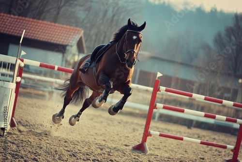Horse leaping over a red and white obstacle in a daylight equestrian arena