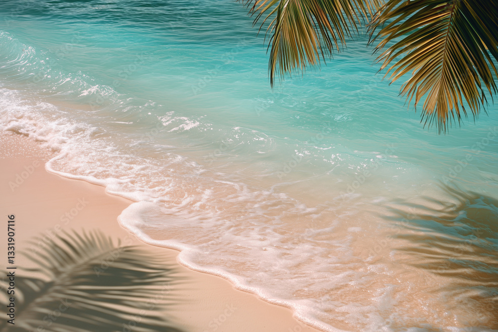 Soft pastel waves and palm tree shadows on a serene beach