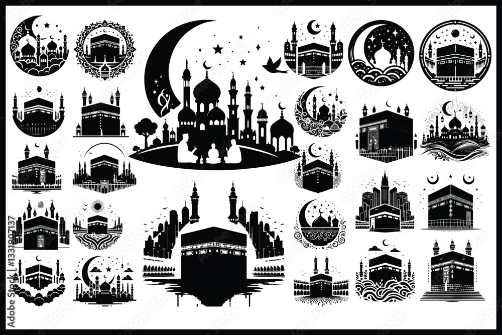 Obraz premium Islamic Vector Bundle | Kaaba & Mosque Silhouettes | Ramadan & Eid Graphics