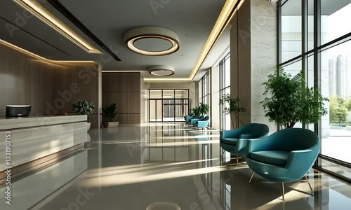 Modern Hotel Lobby Interior Design:Luxury Reception Area with Teal Armchairs and Sunlight