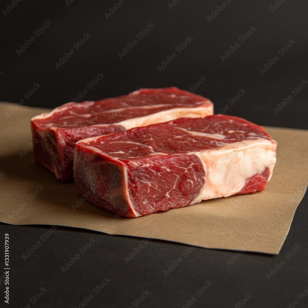 Two fresh raw beef steaks sit on brown paper, highlighting their marbled texture, against a black background. ideal for illustrating culinary concepts and gourmet cooking essentials. Two fresh raw beef steaks sit on brown paper, highlighting their marbled texture, against a black background. ideal for illustrating culinary concepts and gourmet cooking essentials.