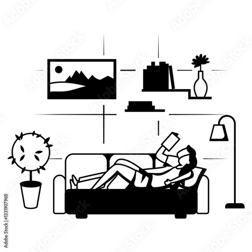 Reading and Dreaming Together vector design, Love romance sketch, Valentines Day Story, human relationship stock illustration, Happy Couple lying on couch concept