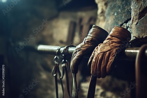 Riding crop and gloves resting on a saddle in a stable setting Generative AI