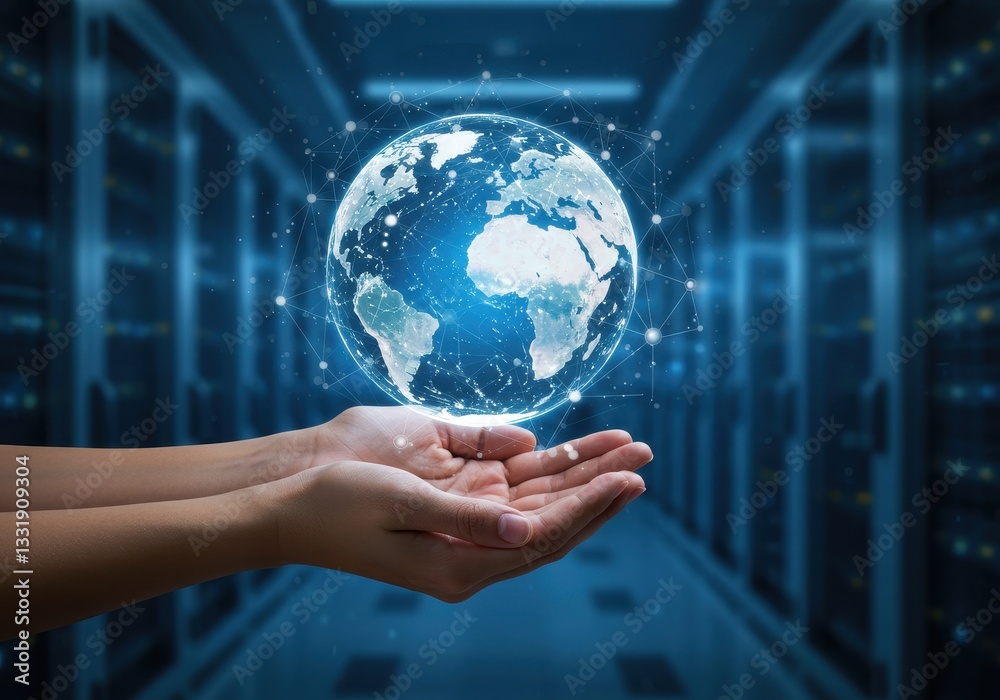A glowing digital globe floating above a person cupped hands showing a network of bright white interconnected lines and nodes A glowing digital globe floating above a person cupped hands showing a network of bright white interconnected lines and nodes