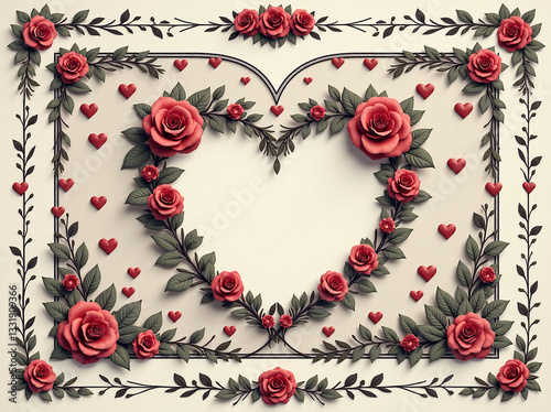 A beautifully designed floral heart frame featuring red roses, heart-shaped accents, and intricate foliage, perfect for romantic occasions.