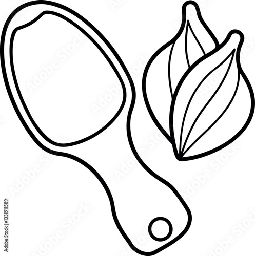 Black-and-white cartoon outline drawing of beauty gua sha set and facial roller tools, perfect for printable coloring activities and wellness resources