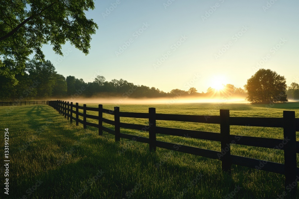 Fototapeta premium Sunrise over a tranquil horse pasture with a wooden fence and mist Generative AI