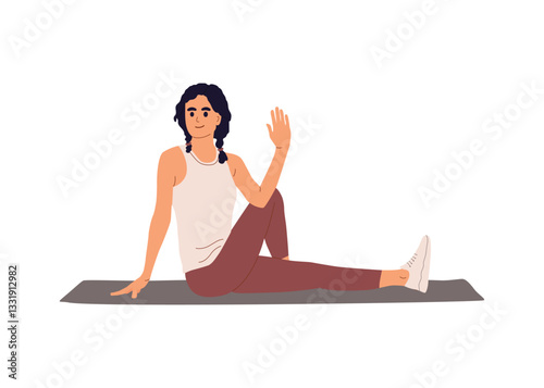 Girl practicing yoga in Ardha Matsyendrasana asana, sitting position, stretching posture, training body. Happy woman in seated spinal twist yoga pose. Vector illustration isolated on white background