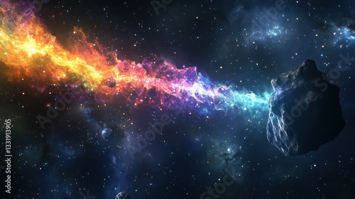 Colorful nebula connects asteroids in space, cosmic background, science fiction art