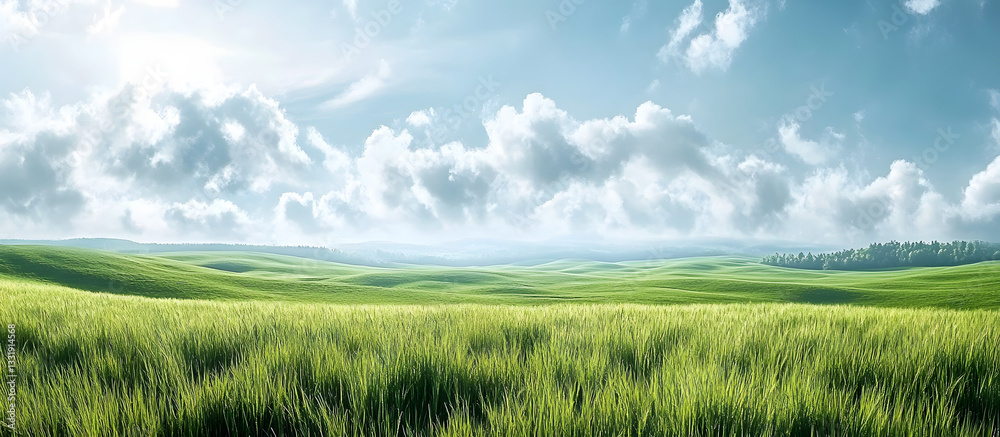 Naklejka premium Beautiful Panorama of Rolling Green Fields. Spring or Summertime Background with White Fluffy Clouds and Natural Landscape.