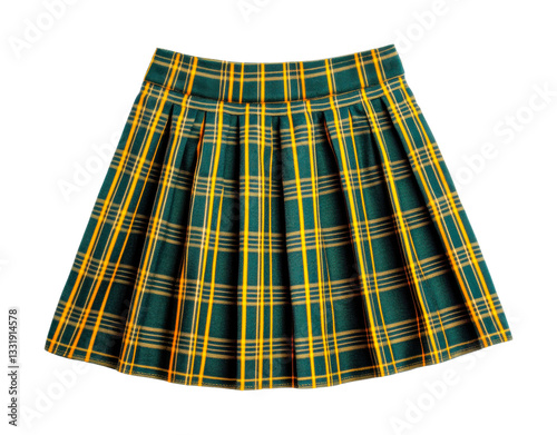 Green and yellow plaid pleated skirt on black background, cut out