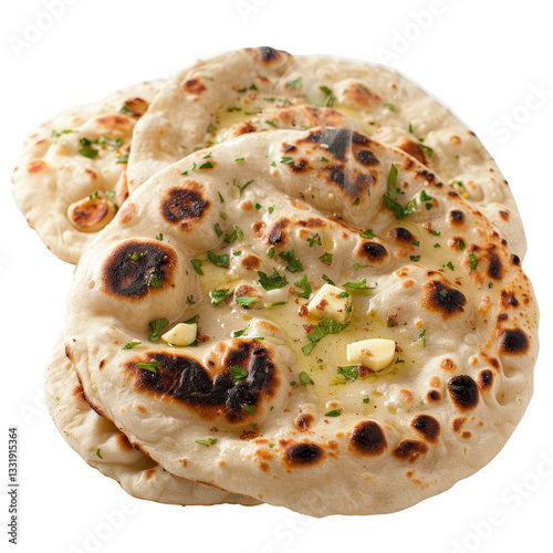 Freshly Baked Garlic Naan Bread with Herbs on White Background, Soft and Flavorful Indian Cuisine Delight