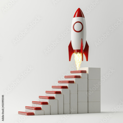 red and white toy rocket launching from staircase of blocks, symbolizing progress and innovation