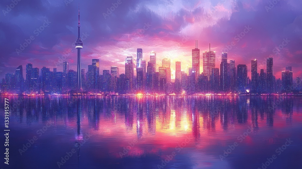 Fototapeta premium Vibrant city skyline at sunrise reflected on water
