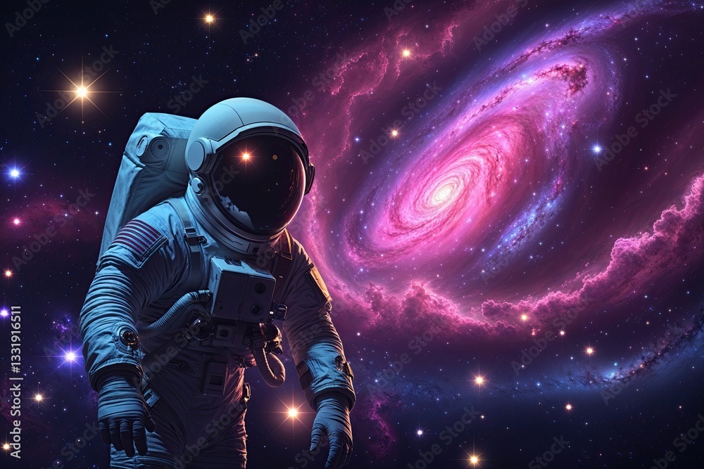 Astronaut Exploring Dark Space with Glimmering Stars Swirling Galaxy and Vibrant Pink Purple Nebula
