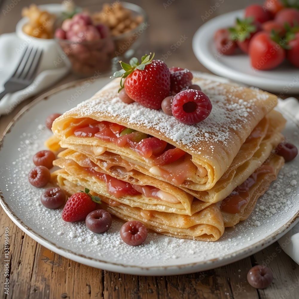 4k high quality Ai generative HD high definition artwork photo French crepe pancakes with strawberry jam and soft refined sugar 4k high quality Ai generative HD high definition artwork photo French crepe pancakes with strawberry jam and soft refined sugar