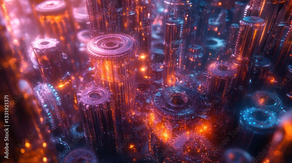 Glowing gears, futuristic city, digital art, background blur, tech concept Glowing gears, futuristic city, digital art, background blur, tech concept