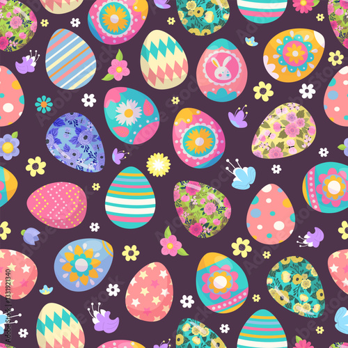 Easter eggs, flowers, Easter holiday, Holy Sunday, seamless pattern, illustration, vector