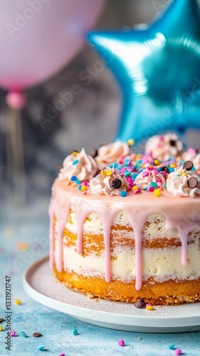 Wallpaper Mural a beautiful light creme brulee cake pink icing and multicolored sprinkles decorated on the side in the form of chocolate chips,cake on a blue table,blue background, balloon in the shape of a blue star Torontodigital.ca